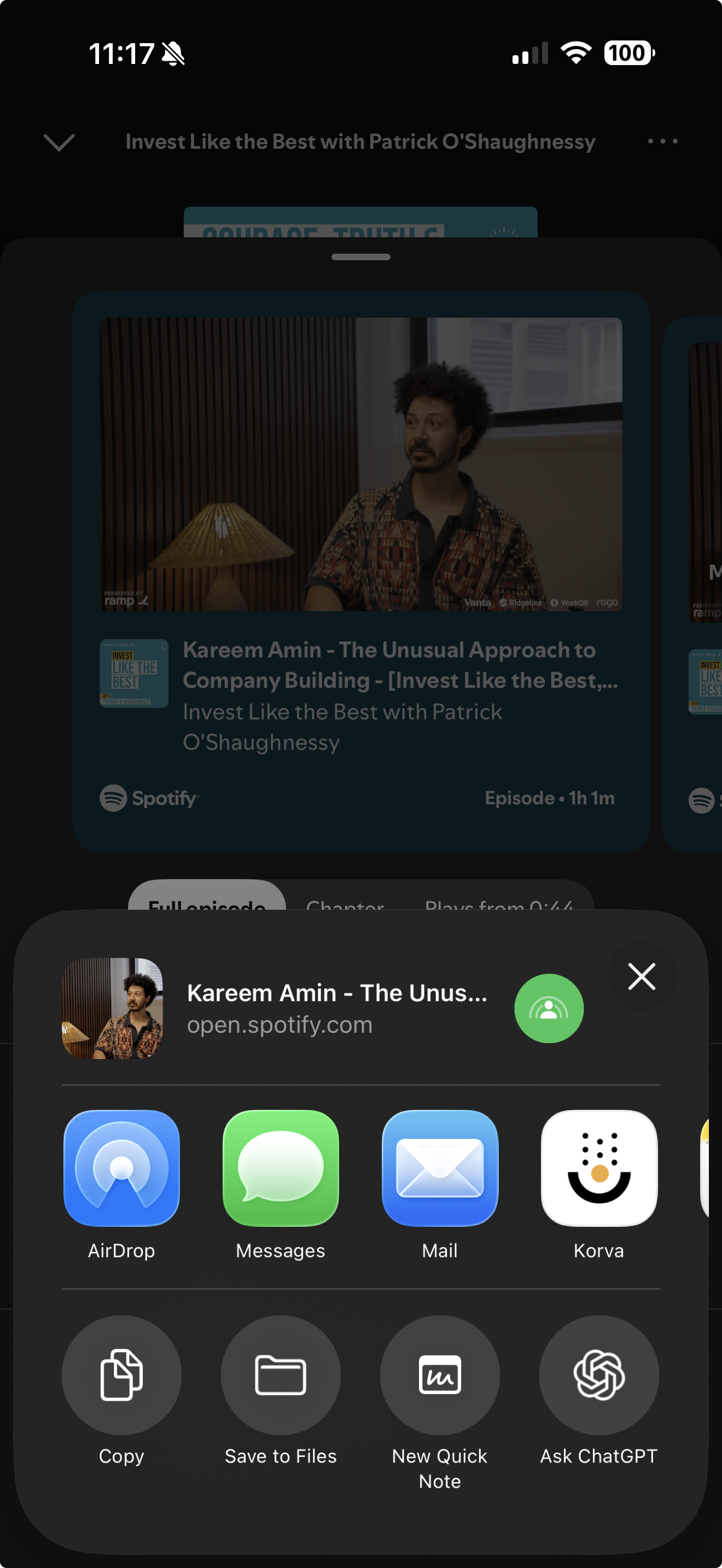 Actual Spotify share sheet with Korva, supplied by the user